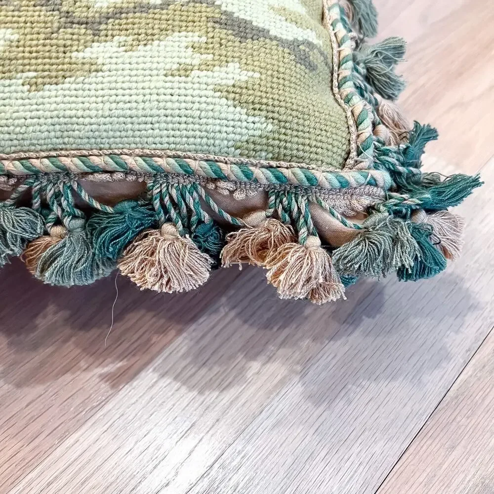 LARGE 22x18 Vintage French Country Rooster Frog Needlepoint Pillow Tassel Fringe - Picture 6 of 10